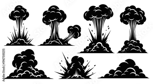 Set of black and white explosion and smoke cloud illustrations.