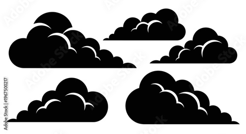 Set of black cloud silhouettes isolated on a white background, representing various shapes and sizes of storm clouds or smoke.