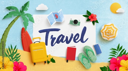 Travel Tools and Items Displayed on a Beach Background With Bright Colors and...