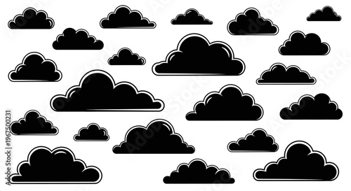 Set of black cloud silhouettes with white outlines on a white background.