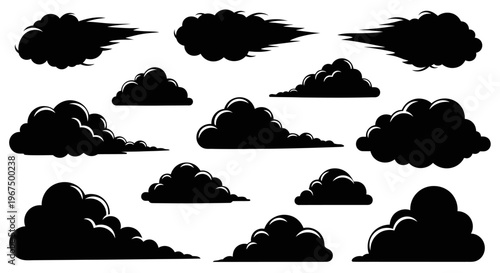 Set of black cloud silhouettes isolated on a white background.