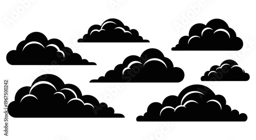 Set of black cloud silhouettes isolated on a white background, representing various weather conditions and atmospheric elements.