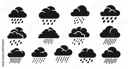 Set of black rain clouds with falling raindrops, weather forecast symbols.