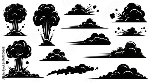 Set of black smoke clouds and explosions isolated on white background.
