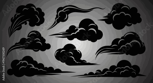 Set of black smoke clouds and dust explosions.