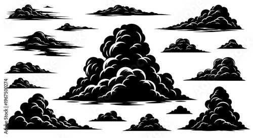 Set of black smoke clouds isolated on white background.