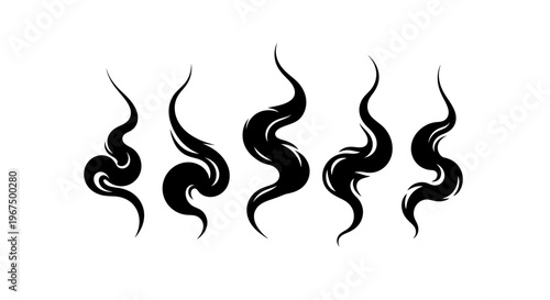 Set of black smoke or steam waves isolated on white background.