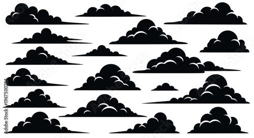 Set of dark cloud silhouettes isolated on a white background.