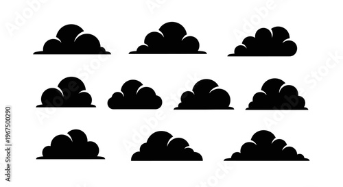 Set of dark cloud silhouettes isolated on white background.