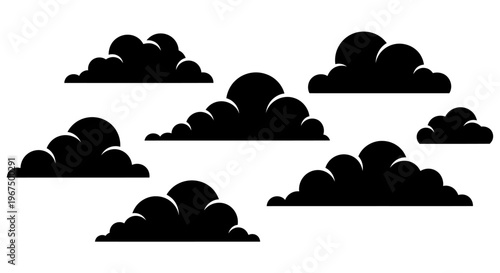 Set of dark cloud silhouettes on a white background, representing weather and sky elements.