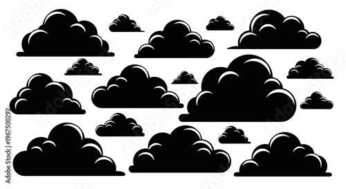 Set of dark storm clouds isolated on a white background.