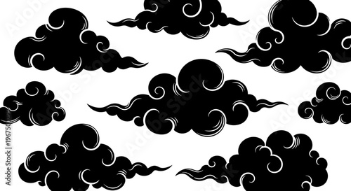 Set of black stylized clouds in a traditional Asian art style on a white background.