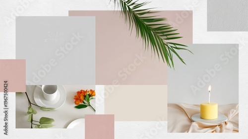 Decorative Flat Lay With Candle Dishes and Plants in Neutral Colors on a Ligh...