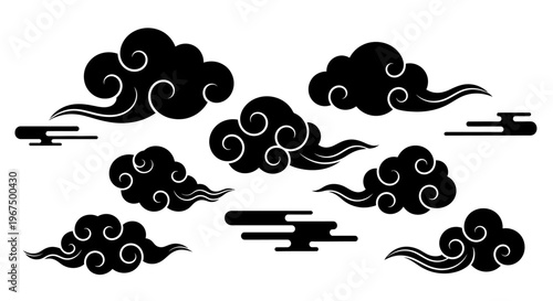 Traditional Asian Clouds Vector Set Black and White.