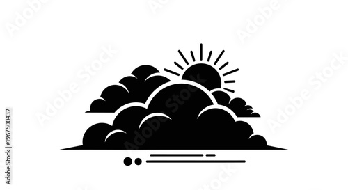 Sun rising behind clouds black silhouette icon.