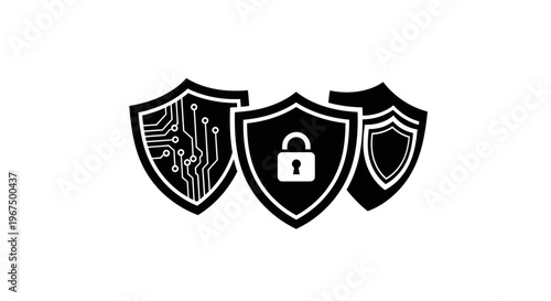 Three black shields symbolizing digital security and data protection.