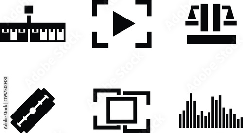 Audio video editing and media control icons set including equalizer play crop razor blade and sound mixer isolated on white background
