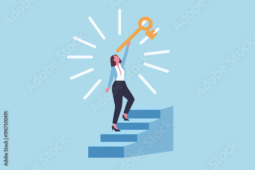 Woman reaching for a golden key ascending a set of blue stairs