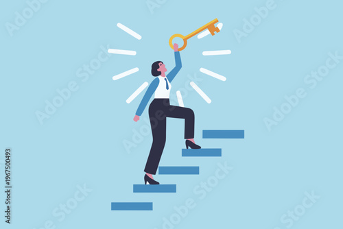 Woman ascending stairs reaching for a golden key symbolizing success