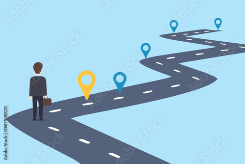 A businessman contemplates a winding road with multiple destination markers