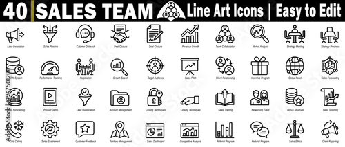 Sales team line art icons. Easy to edit for lead generation, sales pipeline, customer outreach, deal closure, and revenue growth vector illustration.