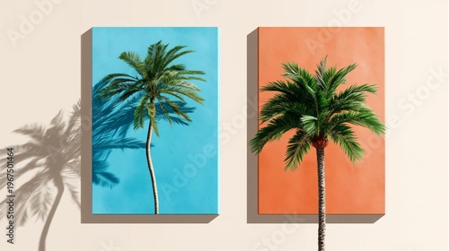 Two Wall Art Pieces Featuring Palm Trees Against Colored Backgrounds