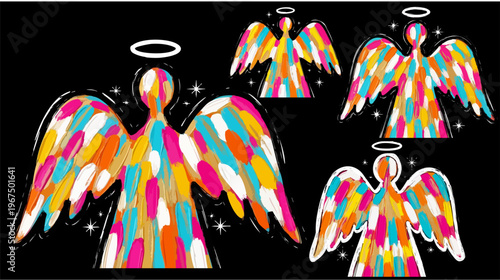 Colorful abstract angel vector set, vibrant brushstroke angel silhouettes with halos, artistic spiritual guardian icons on black background