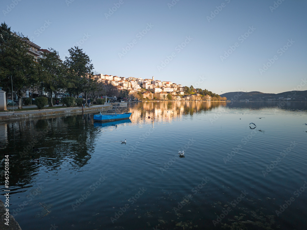 Fototapeta premium Panorama of Lake Orestiada around town of Kastoria, Greece