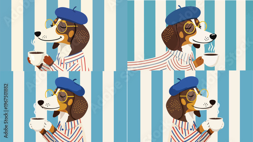 French style dachshund dog vector set, sophisticated puppy wearing beret and glasses drinking coffee, cute pet character collection