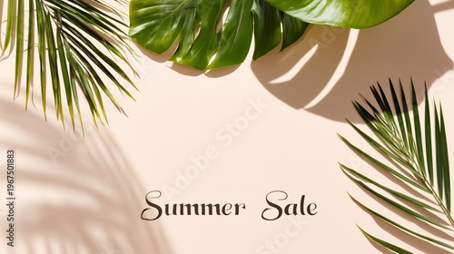 Bright Summer Sale With Tropical Leaves and Light Background on Display