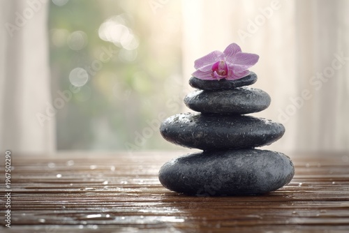 Peaceful arrangement of smooth river stones with orchid flower on bamboo mat