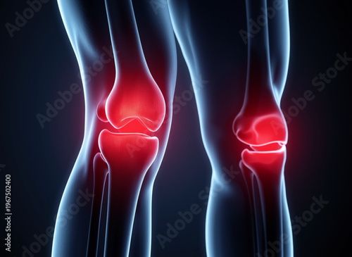 A medical illustration of human knees with highlighted pain areas
