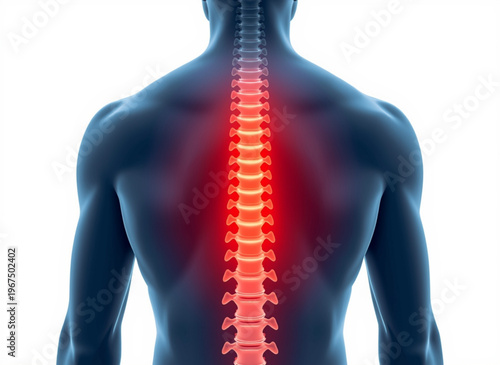 A digital illustration of a man's back with a glowing red spine highlighting pain or inflammation