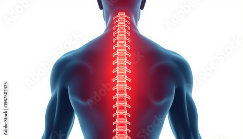 A vector graphic illustration of a man's back with a glowing red spine