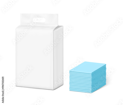 Realistic stand bag with changing mats stack mockup. Half side view. Vector illustration isolated on white background. Suite for the presentation of diapers, wet wipes, pants changing mats. EPS10.