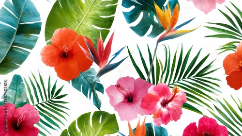 Flowers and Leaves Arranged in a Vibrant Display on a White Background in Spring Season