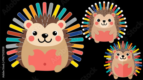 Cute hedgehog vector illustration with colorful pencil quills, adorable cartoon animal character set, creative school supplies concept on black background