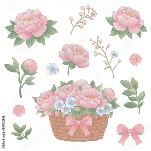 Pink Peony and Floral Elements Clipart Set with Flower Basket and Bow