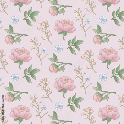 Seamless Floral Pattern with Peonies and Forget-Me-Nots on Pastel Pink Background
