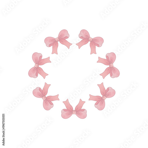 Pink Ribbon Bow Wreath Circle Frame for Gift and Holiday Design