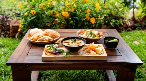 Delicious Food Spread on Wooden Table in Outdoor Dining Area Surrounded by Gr...