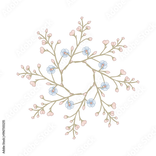 Blue Forget-Me-Not and Pink Bud Floral Wreath Circle Frame