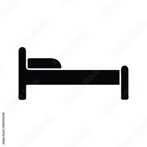 A simple black silhouette of a bed with a pillow is shown against a white background.