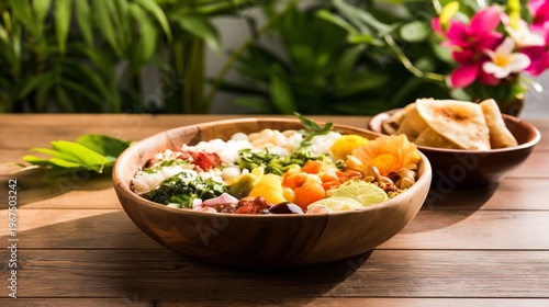 Delicious Bowl of Fresh Food Placed on a Wooden Table With Tropical Plants in...