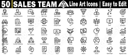 Sales team line art icons set. Easy to edit for sales manager, representative, account executive, trainer, and engineer roles vector illustration.