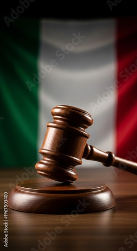 Wooden gavel on desk with blurred italian flag in background