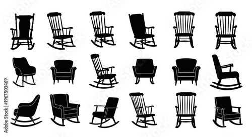 Collection of various black rocking chairs in different designs and angles on white background