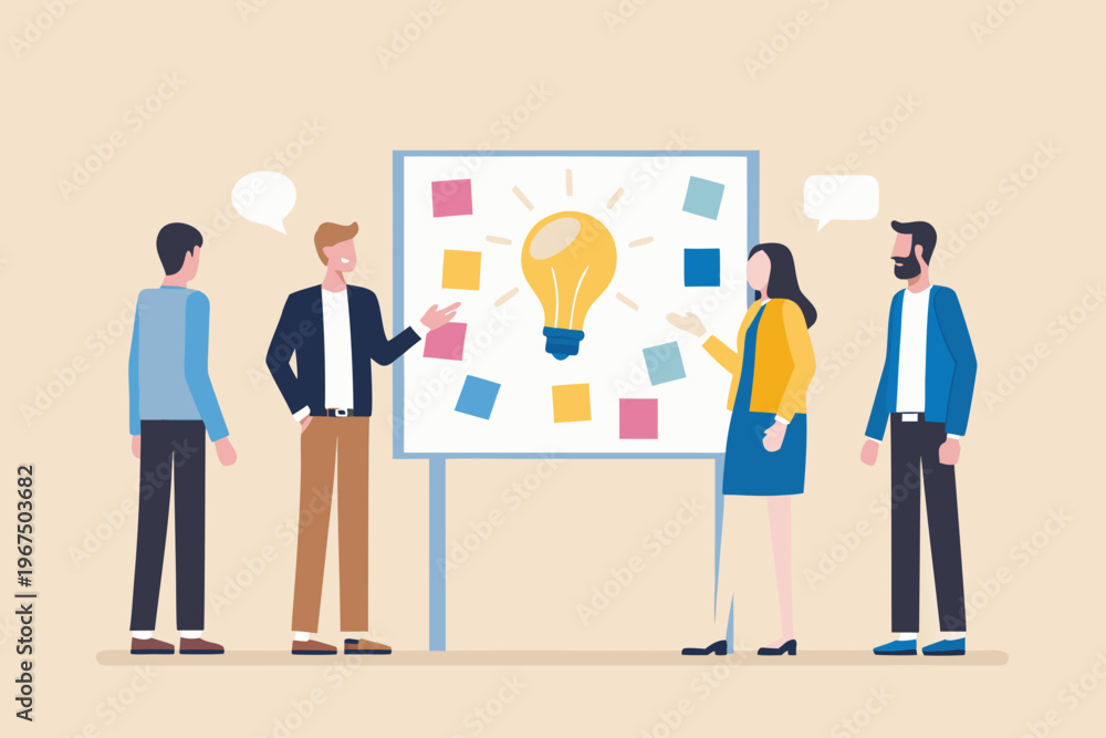Fototapeta premium Team brainstorming session with a lightbulb representing innovative ideas