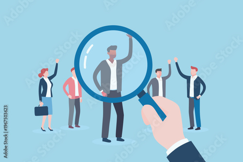 A magnifying glass focuses on a man among a group of people