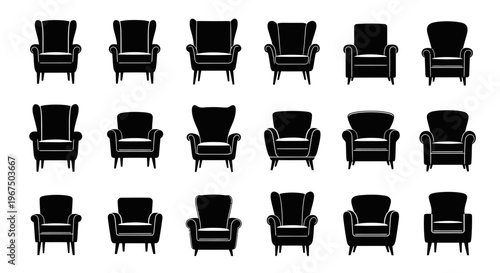 Collection of black armchairs in various styles and angles on white background for design and decoration